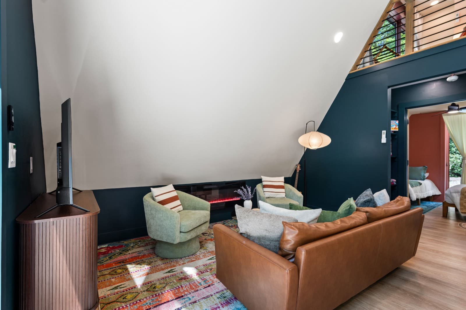 Great room with soaring A-frame windows