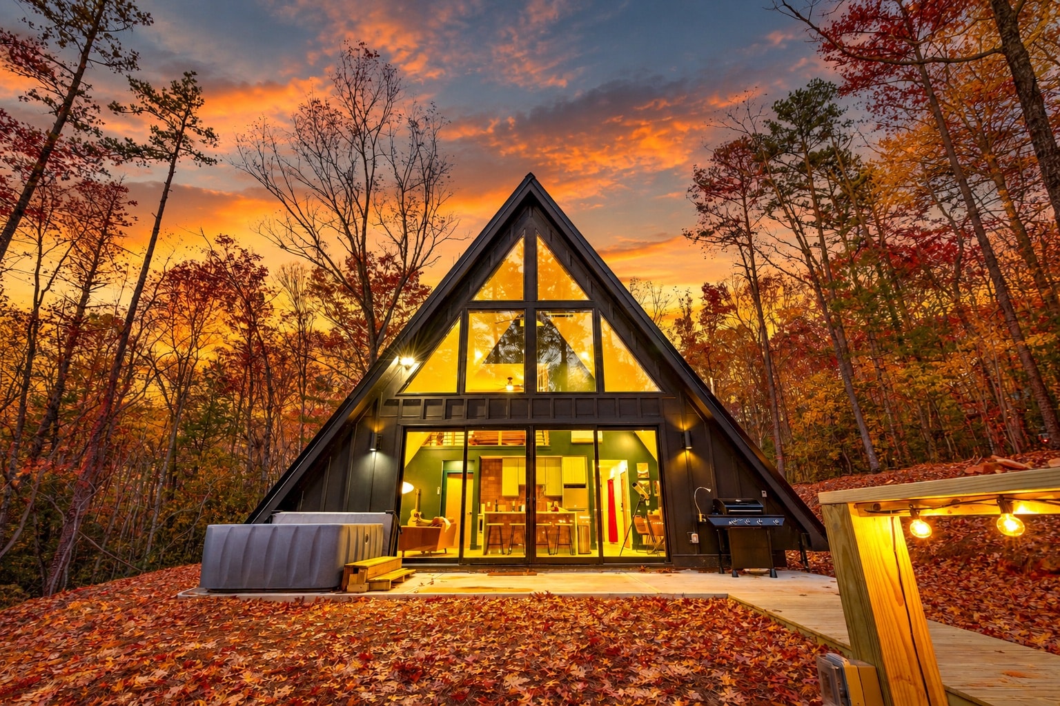 Black Ember A-frame glowing at sunset among red and orange fall trees