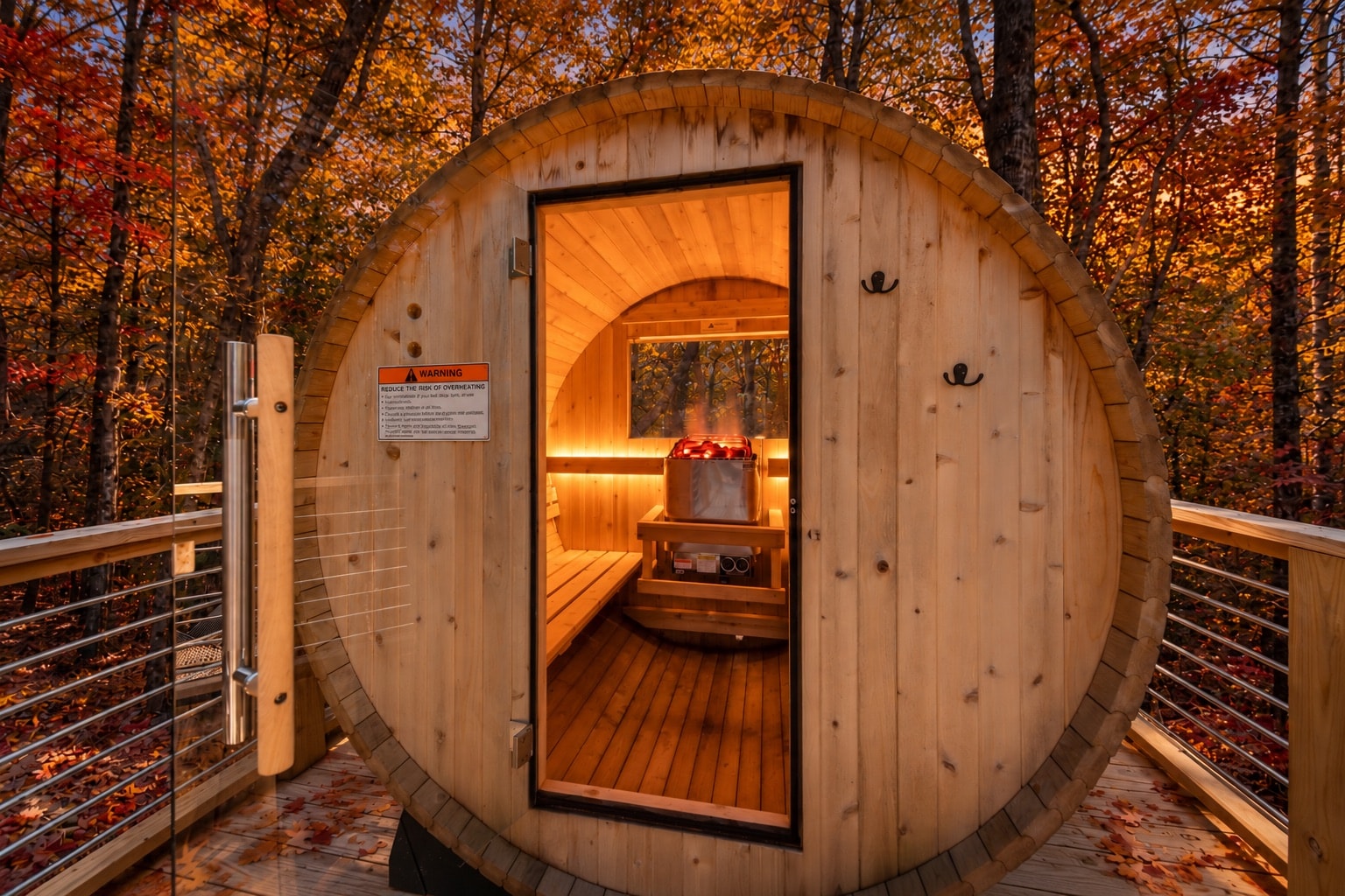 Cedar barrel sauna glowing on the deck among autumn trees